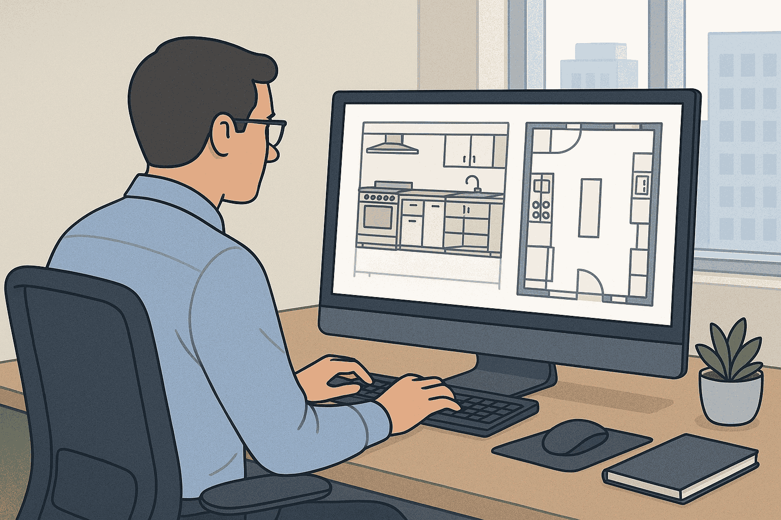 Designer creating a custom kitchen layout and floor plan on a computer