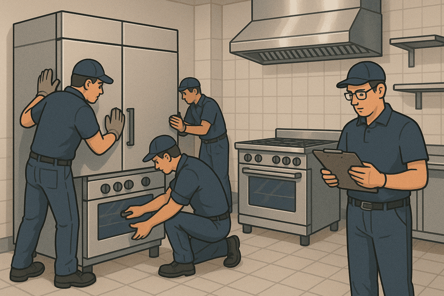 Team installing commercial kitchen equipment and running tests