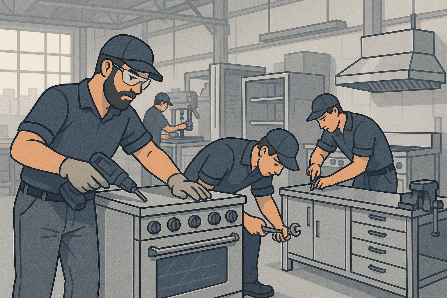Engineers fabricating commercial kitchen equipment in a workshop