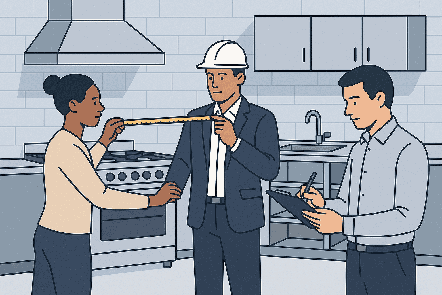 Engineer measuring the kitchen and noting dimensions on a clipboard