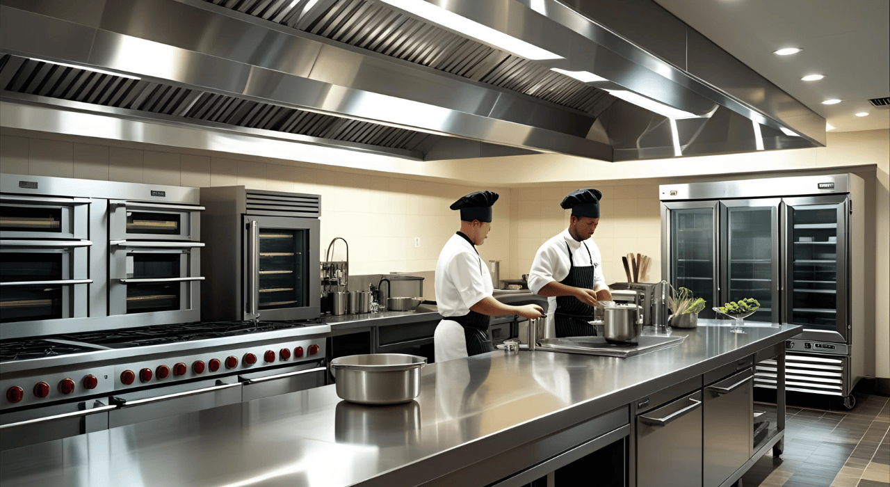Professional commercial kitchen setup with stainless steel equipment